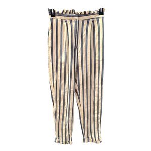 Topshop Striped Paperbag Waist Pants Cream Blue Linen Blend Size 2 Preppy Casual